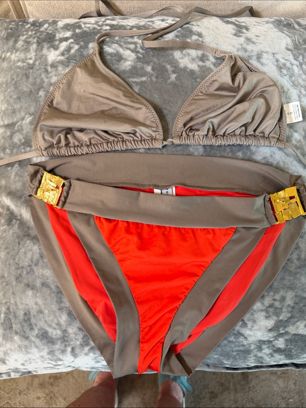 Women's Trina Turk, two piece bikini with gold medal accents
